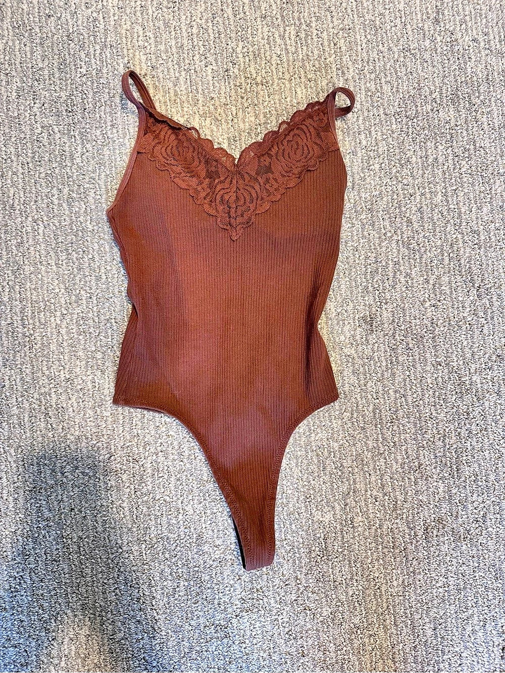 Lace Trim Bodysuit in Brown